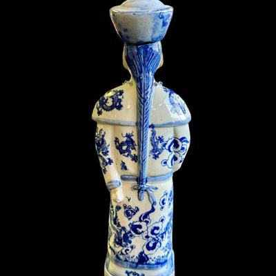 Vintage Blue and White Porcelain Style Chinese Emperor Statue