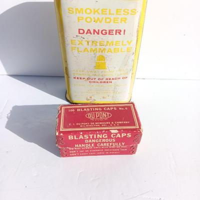 Vintage smokeless powder metal can and blasting caps empty box