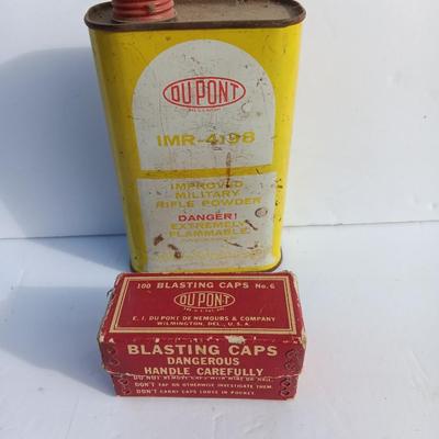 Vintage smokeless powder metal can and blasting caps empty box