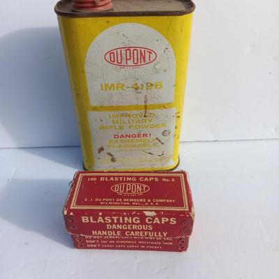 Vintage smokeless powder metal can and blasting caps empty box