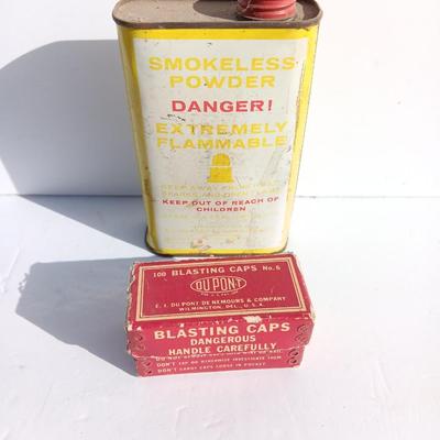 Vintage smokeless powder metal can and blasting caps empty box