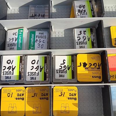 Organizer box with assortment of fuses and some hand tools