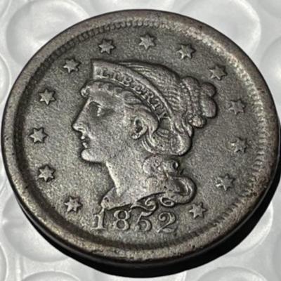 1852 FINE CONDITION POROSITY/CORROSION BRAIDED HAIR LARGE CENT AS PICTURED.