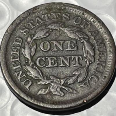 1852 FINE CONDITION POROSITY/CORROSION BRAIDED HAIR LARGE CENT AS PICTURED.