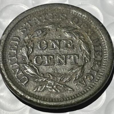 1843 VF CONDITION POROSITY/CORROSION BRAIDED HAIR LARGE CENT AS PICTURED.