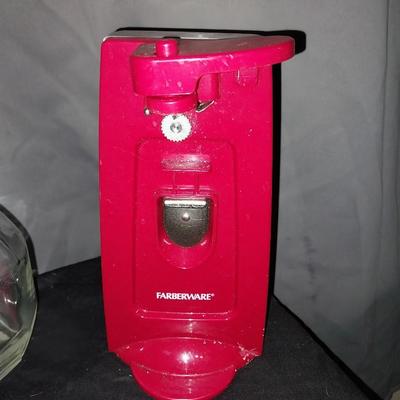 FARBERWARE ELECTRIC CANOPENER, GLASS BAKING DISHES AND GLASS DECANTER