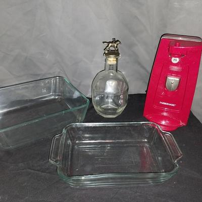 FARBERWARE ELECTRIC CANOPENER, GLASS BAKING DISHES AND GLASS DECANTER