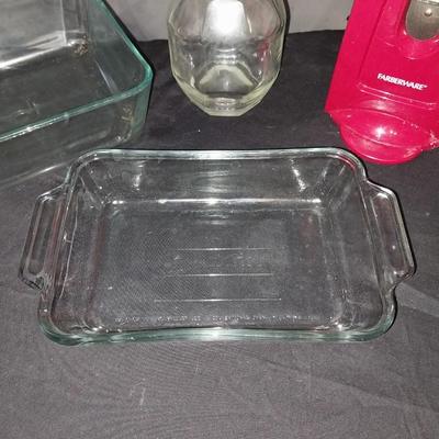 FARBERWARE ELECTRIC CANOPENER, GLASS BAKING DISHES AND GLASS DECANTER