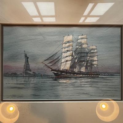 N296 Original F. Tordoff Watercolor of Clipper Ship in New York Harbor