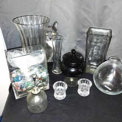 GLASS CANDY DISH/CANDLE HOLDERS/VASES AND DECORATIVE MARBLES