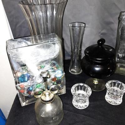 GLASS CANDY DISH/CANDLE HOLDERS/VASES AND DECORATIVE MARBLES