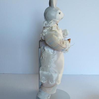 Tall Full Body Easter Rabbit Doll on Stand With Basket of Eggs