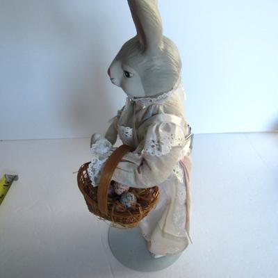 Tall Full Body Easter Rabbit Doll on Stand With Basket of Eggs