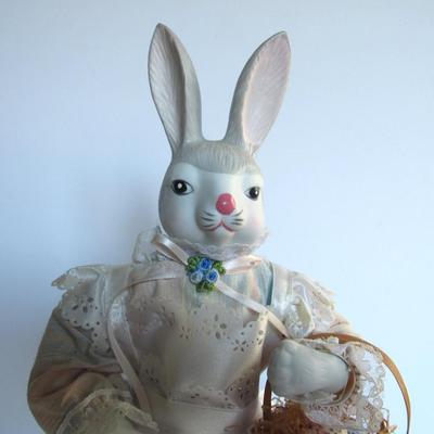 Tall Full Body Easter Rabbit Doll on Stand With Basket of Eggs