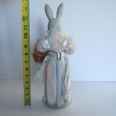 Tall Full Body Easter Rabbit Doll on Stand With Basket of Eggs