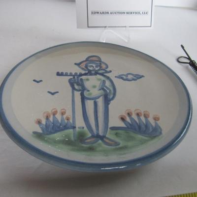 Hand Made Pottery Plate by M A Hadley and Plate Hanger