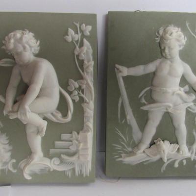 Fancy Jasperware Bisque Figural Wall Plaques, Read Description