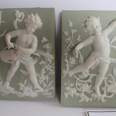 Fancy Jasperware Bisque Figural Wall Plaques, Read Description