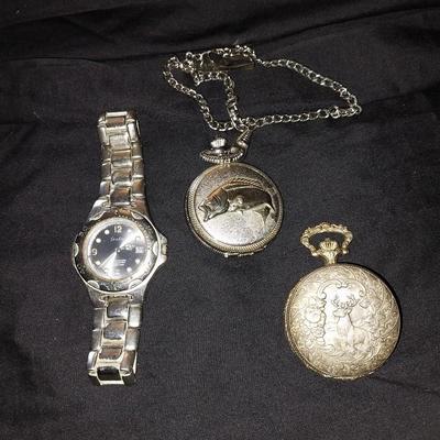 TWO POCKET WATCHES FEATURING DEER ON ONE AND FISH ON OTHER, MORE