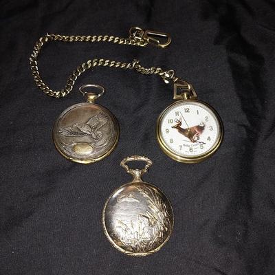 THREE MENS POCKET WATCHES FEATURING EAGLE-GEESE-AND PHILLIP CROWE WITH DEER