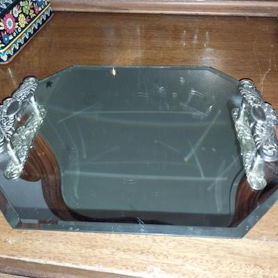 VINTAGE DEVILBISS ATOMIZOR-COACH PURFUME-CRYSTAL RING HOLDER AND MIRROR VANITY TRAY