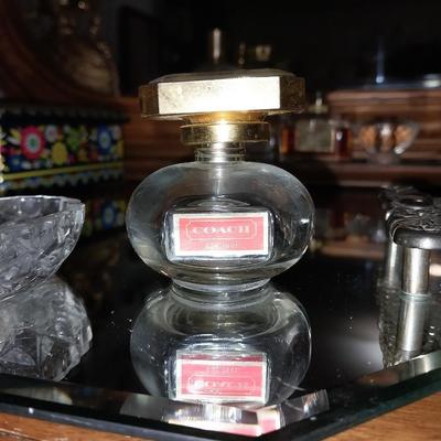 VINTAGE DEVILBISS ATOMIZOR-COACH PURFUME-CRYSTAL RING HOLDER AND MIRROR VANITY TRAY