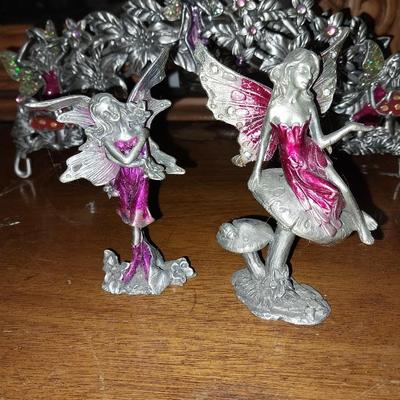 PEWTER FAIRY CANDLE HOLDER AND TWO PEWTER FAIRY FIGURINES