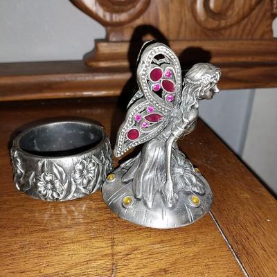 PEWTER FAIRY TRINKET BOX AND TWO PRETER FAIRY FIGURINES