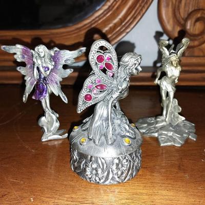 PEWTER FAIRY TRINKET BOX AND TWO PRETER FAIRY FIGURINES