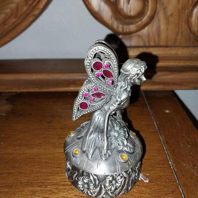 PEWTER FAIRY TRINKET BOX AND TWO PRETER FAIRY FIGURINES