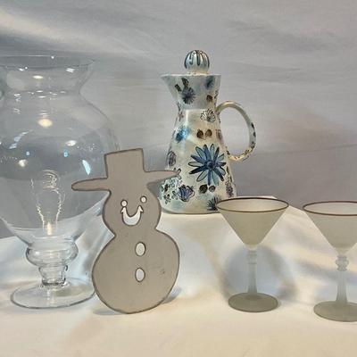 Large vase, pitcher, frosted glasses, tin snowman