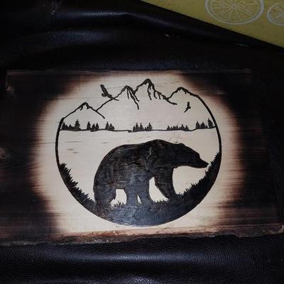 BURNED/ETCHED WOODEN BEAR SCENE AND INDIAN FIGURINE