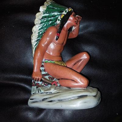 BURNED/ETCHED WOODEN BEAR SCENE AND INDIAN FIGURINE