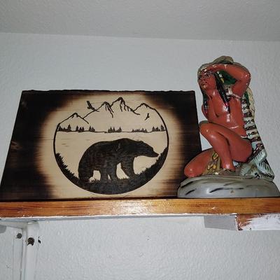 BURNED/ETCHED WOODEN BEAR SCENE AND INDIAN FIGURINE