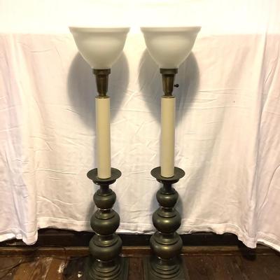 343 Vintage Solid Brass Torch Lamps with Milk Glass Shades