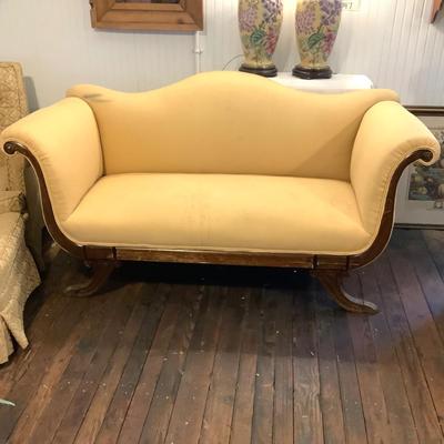 350 Vintage Camel Back Upholstered Duncan Phyfe Loveseat