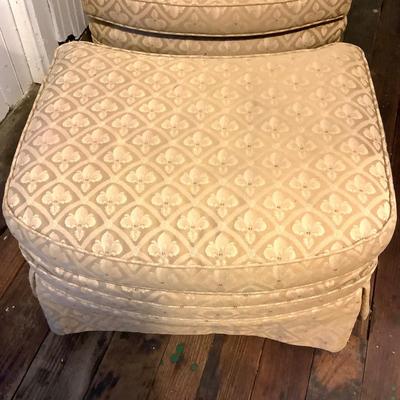 351 Vintage Tufted Upholstered Armchair and Ottoman with Fleur di lis Pattern