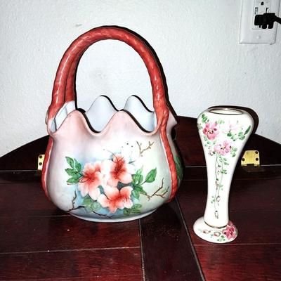 VINTAGE HAND PAINTED BASKET AND VASE