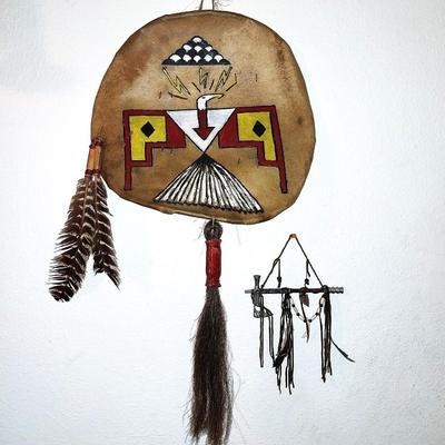 NATIVE AMERICAN PAINTED ON LEATHER AND WALL HANGING