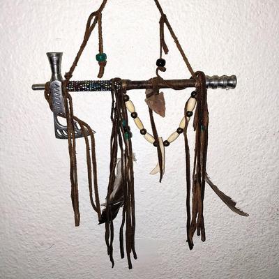 NATIVE AMERICAN PAINTED ON LEATHER AND WALL HANGING