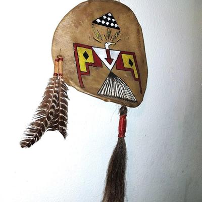 NATIVE AMERICAN PAINTED ON LEATHER AND WALL HANGING