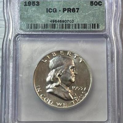 IGG CERTIFIED 1953-P PROOF-67 FRANKLIN SILVER HALF DOLLAR NICE PROBLEM FREE COIN.