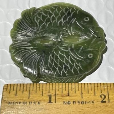 Vintage Chinese/Asian Dark Green Double Fish Jade Carved Pendant Needs Stringing Preowned from an Estate as Pictured