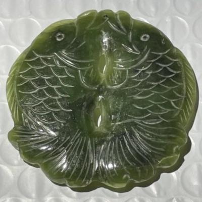 Vintage Chinese/Asian Dark Green Double Fish Jade Carved Pendant Needs Stringing Preowned from an Estate as Pictured