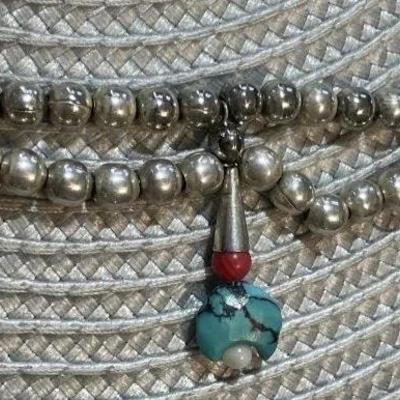 Native American 30" Turquoise/Coral Beaded Silver-toned Necklace w/Dangling Turquoise Amulets as Pictured.