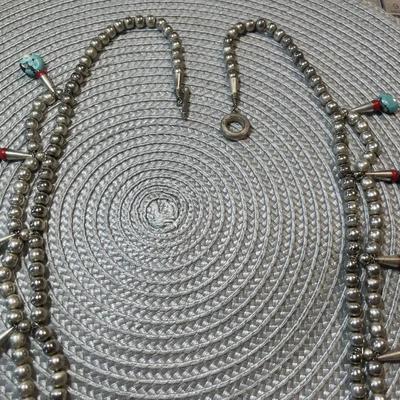 Native American 30" Turquoise/Coral Beaded Silver-toned Necklace w/Dangling Turquoise Amulets as Pictured.