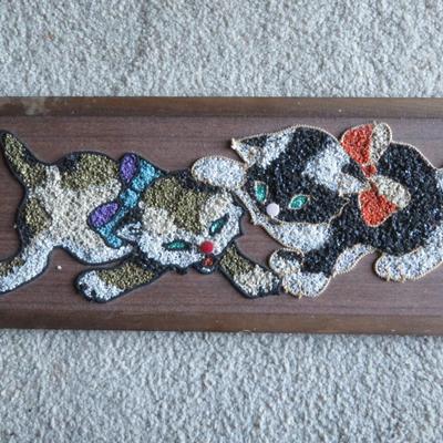 Midcentury gravel art pebble art, kittens playing, Charming Wall Art