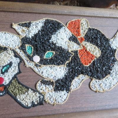 Midcentury gravel art pebble art, kittens playing, Charming Wall Art