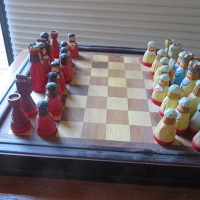 Hand Crafted Large Wooden Chess Set Swords & Shields Red & Blue 20" - Missing the blue Queen
