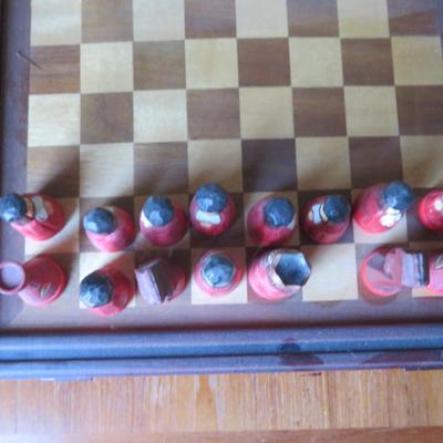 Hand Crafted Large Wooden Chess Set Swords & Shields Red & Blue 20" - Missing the blue Queen
